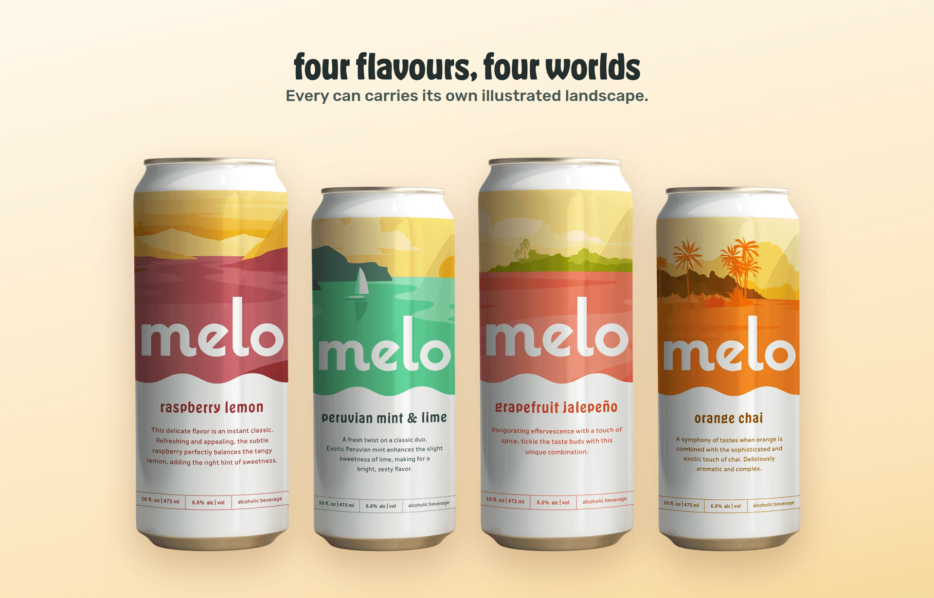 The four Melo cans, four flavours, four worlds