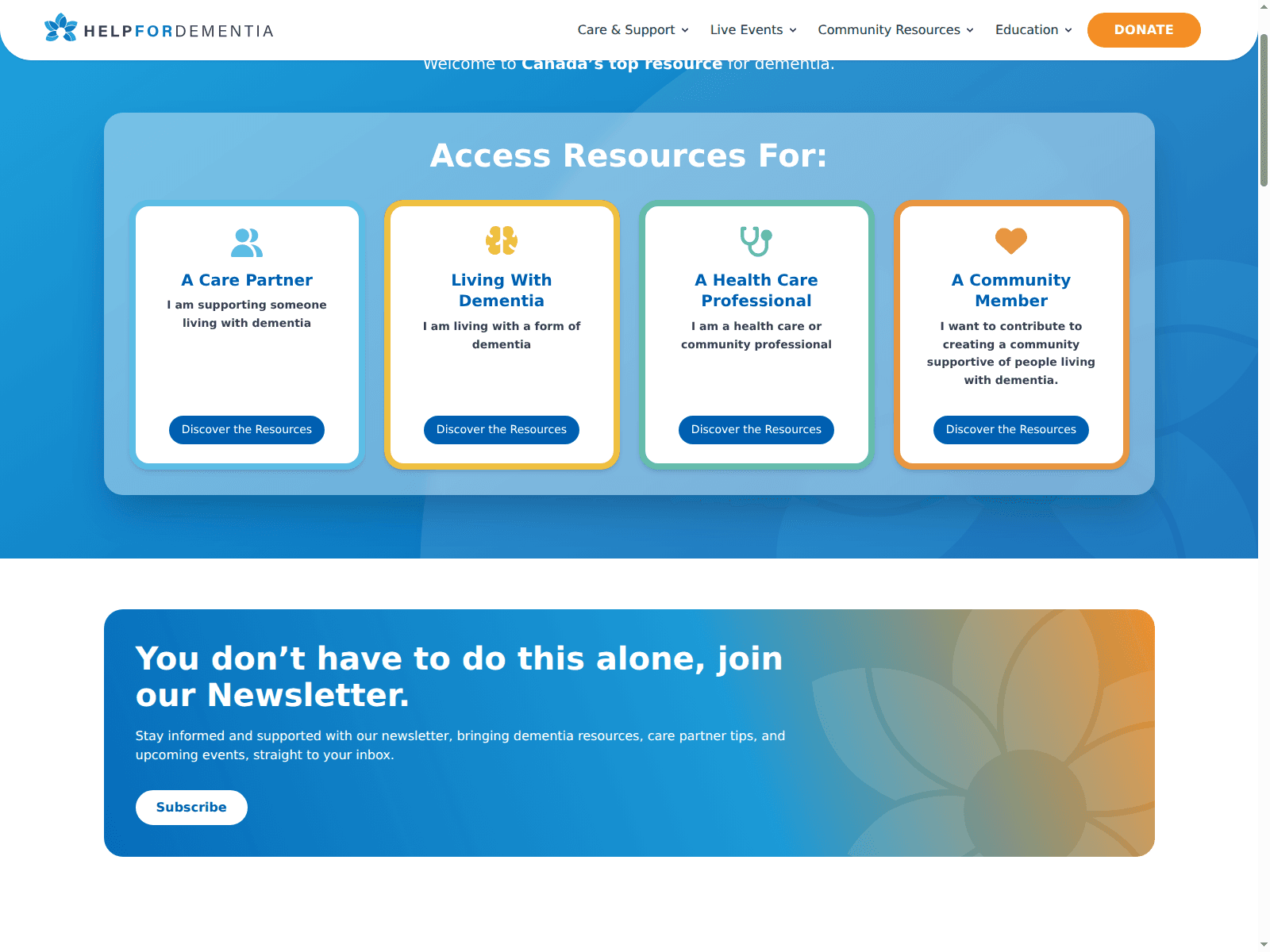 The homepage routes each visitor to resources for their situation