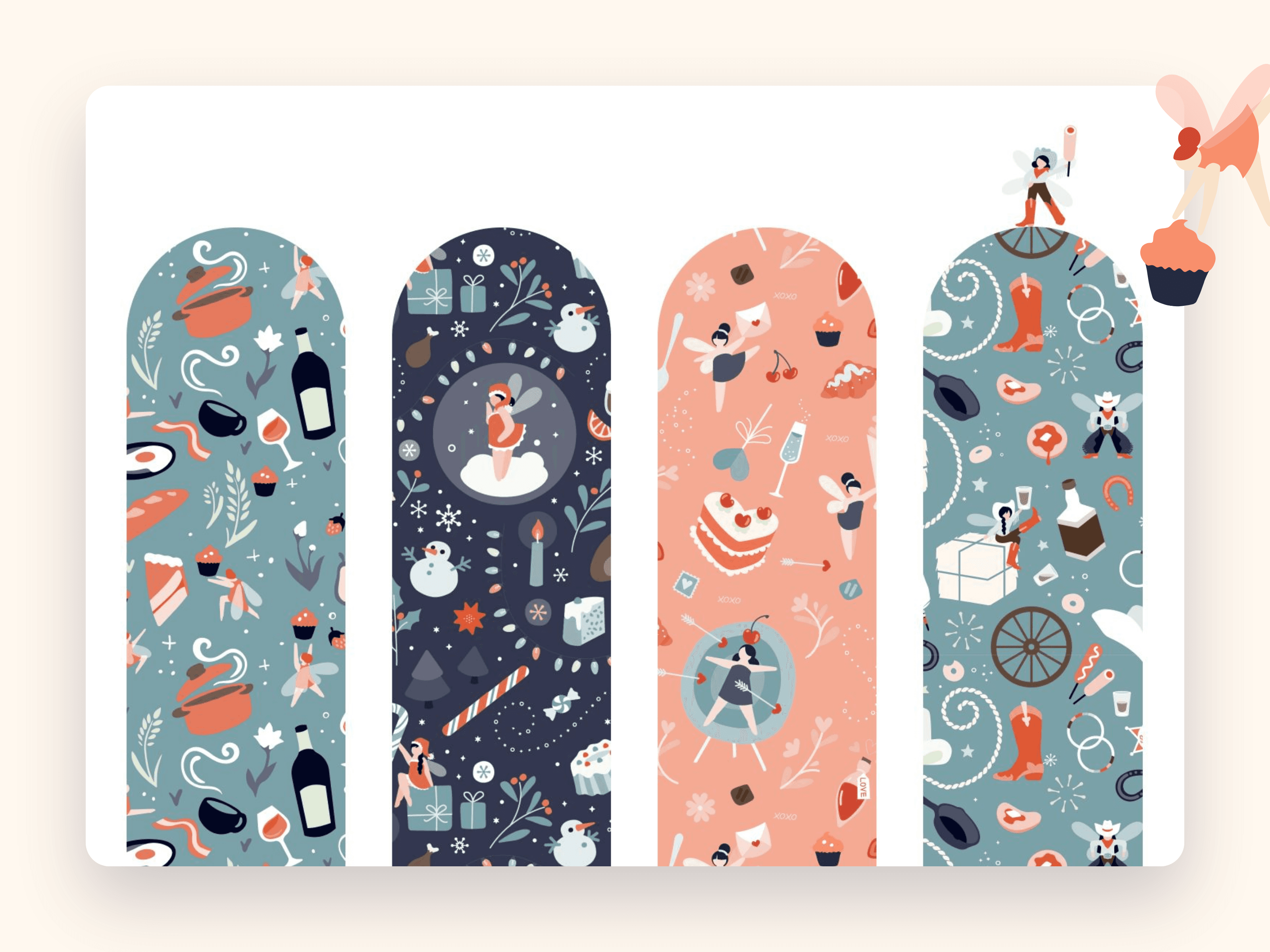 Maisie's seasonal illustration patterns, full of cheeky fairies and food motifs