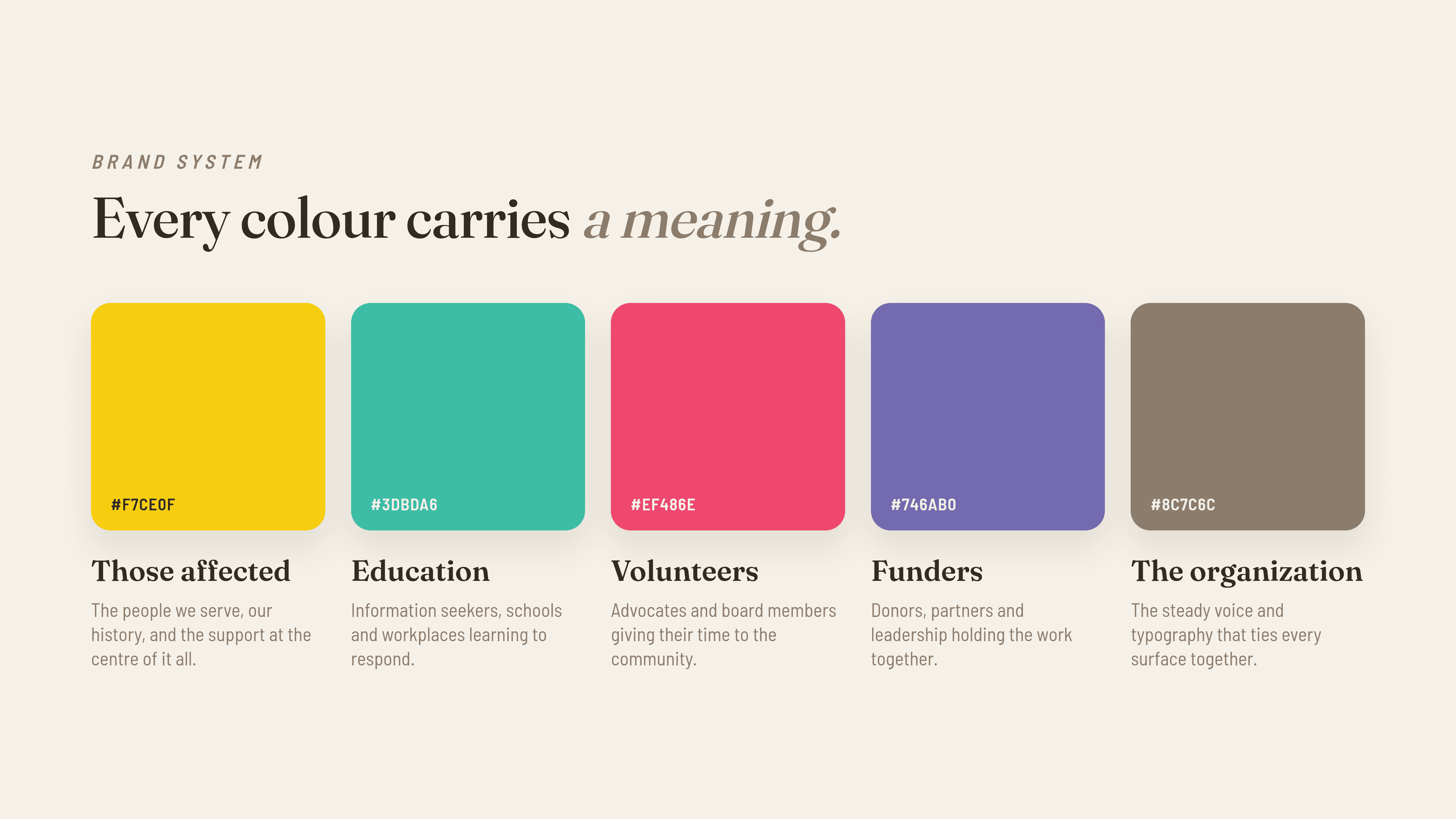 CCASA's five brand colours, each tied to an audience it serves