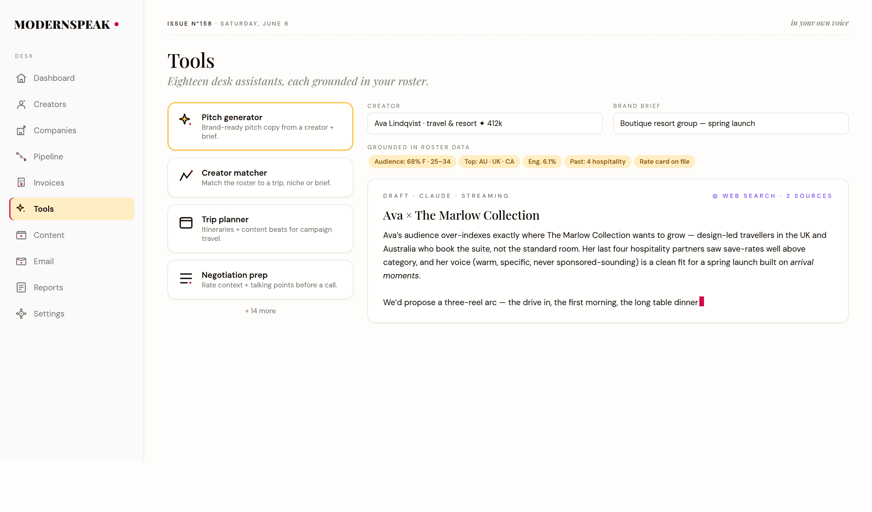 An AI pitch generator, grounded in the agency’s own roster data
