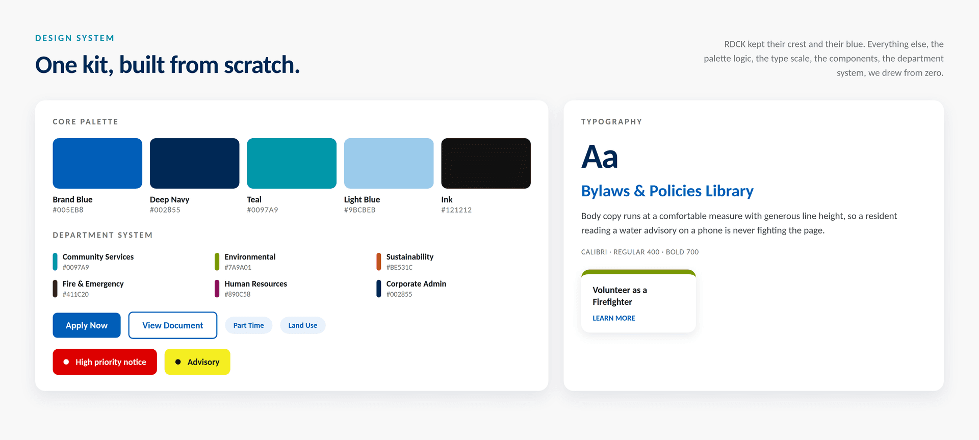 The RDCK design system: core palette, department colours, type and components