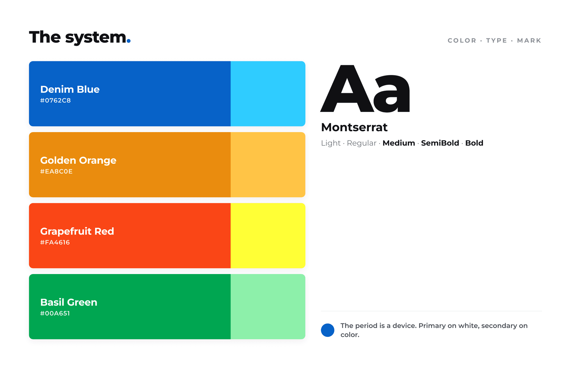 The VACNJ design system: colour groupings, Montserrat, and the period dot