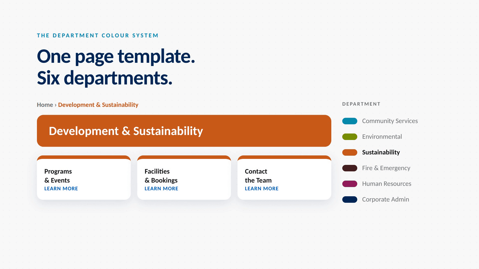 One page template shown in each department's colour