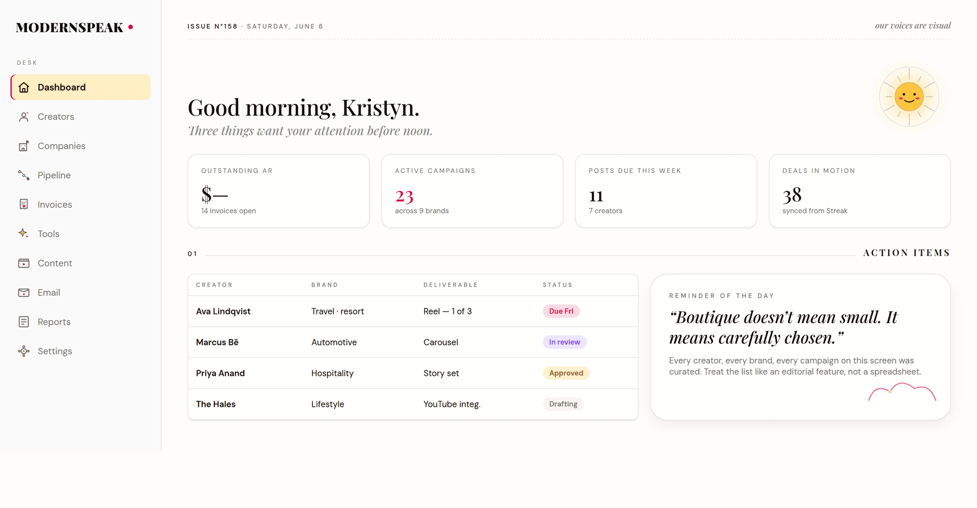 The MODERNSPEAK dashboard — an editorial, magazine-styled operating system