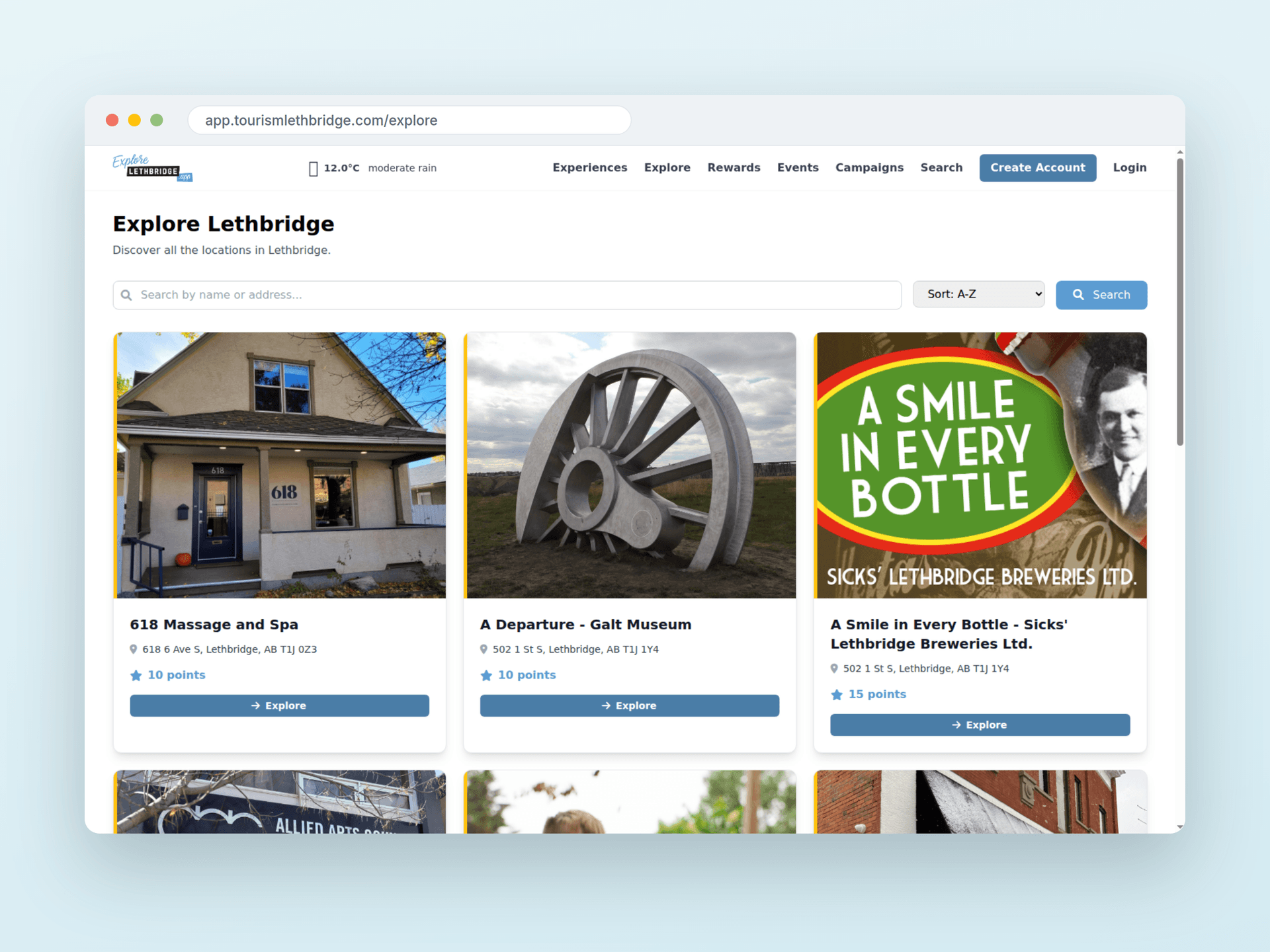 The Explore page, where 350+ Lethbridge locations each carry their own points