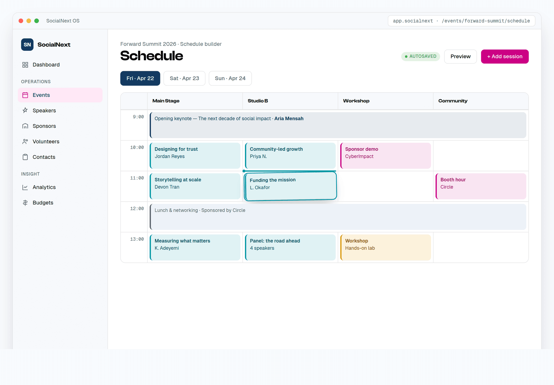 Bespoke drag-and-drop schedule builder for a multi-track event