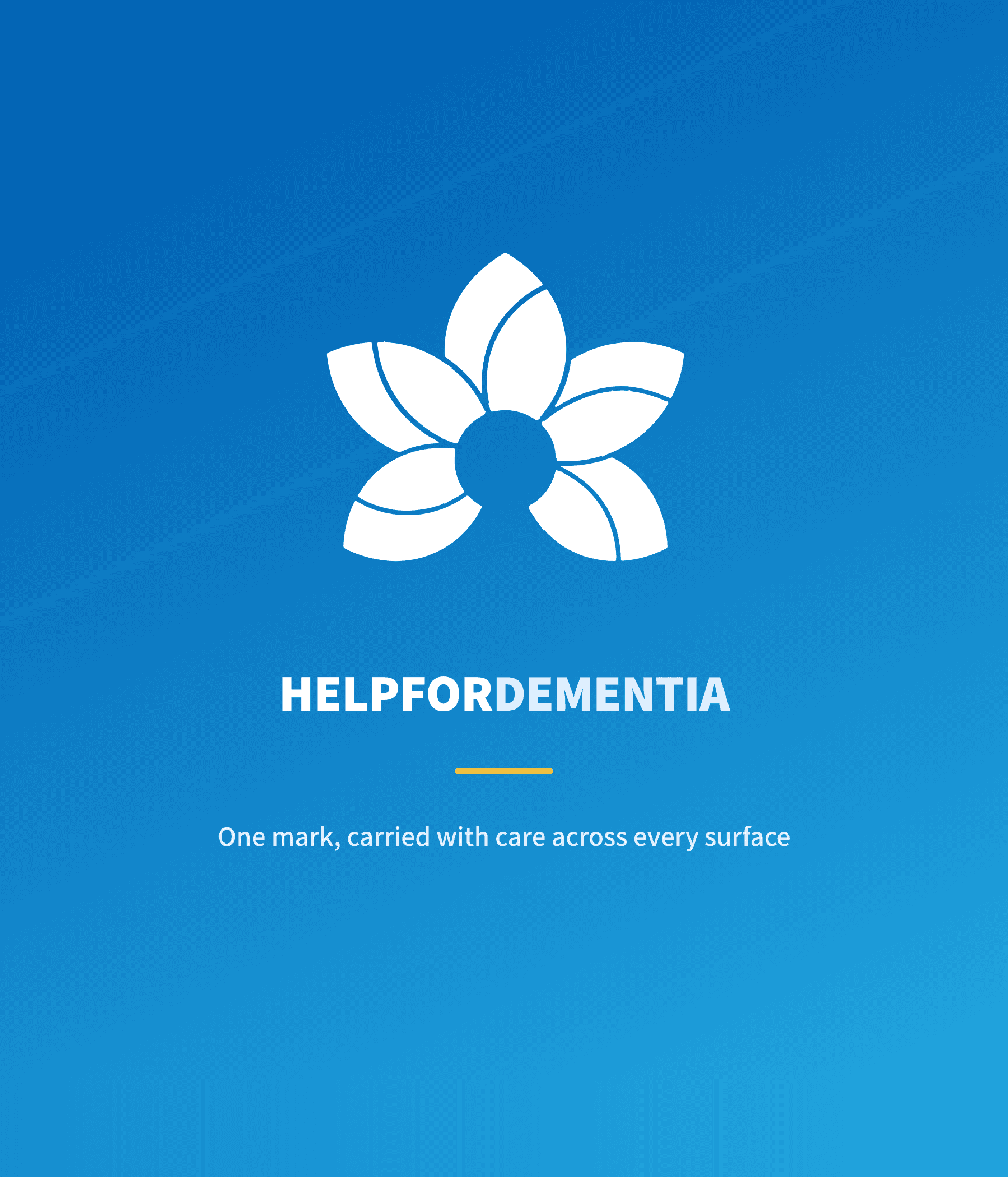 The Help for Dementia bloom mark, carried across every surface