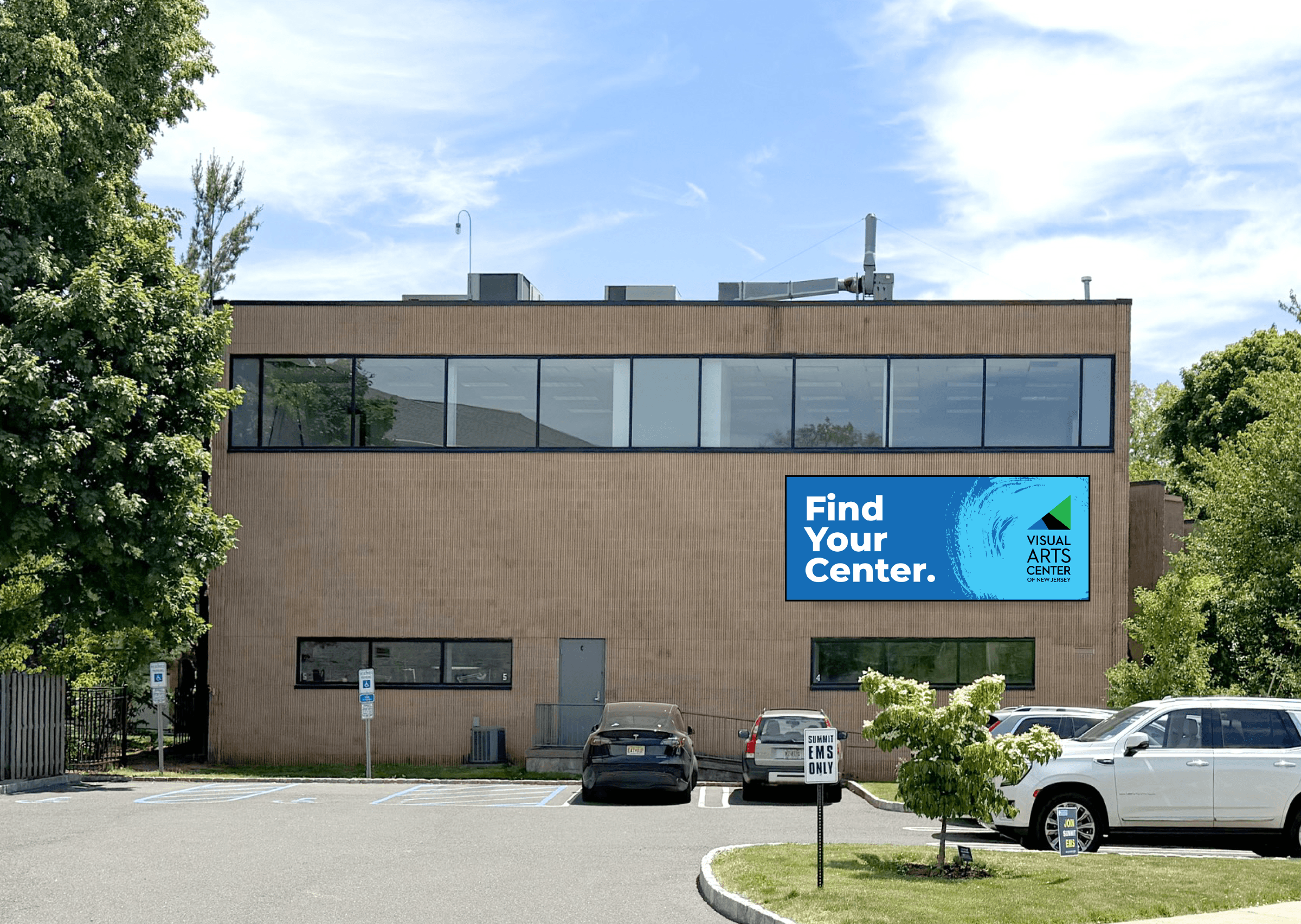 The Find Your Center. sign on the VACNJ building in Summit, New Jersey