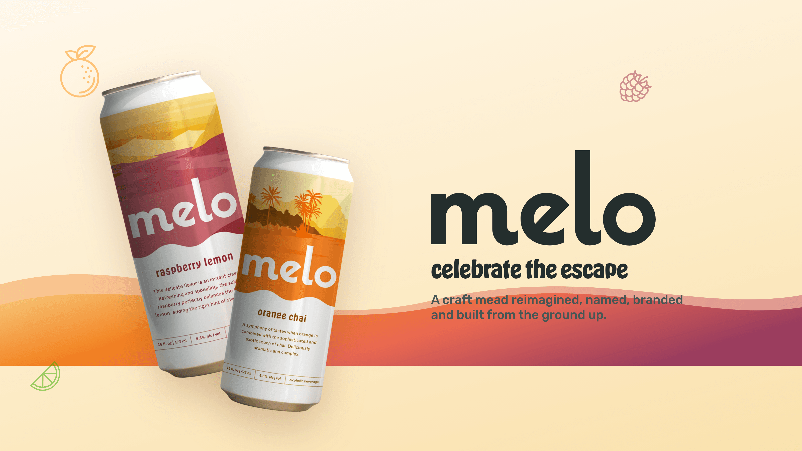 Melo sunset hero with the wordmark and two flavour cans