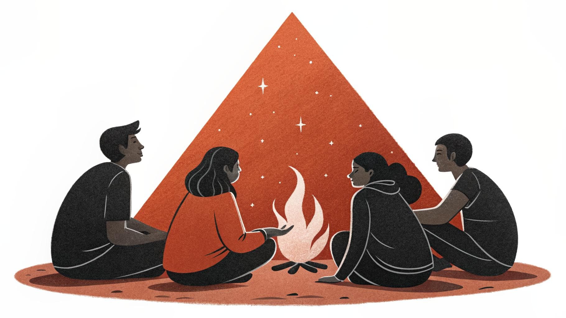 Editorial illustration of four people gathered around a campfire under a starry sky, listening to a story, in ink and terracotta.