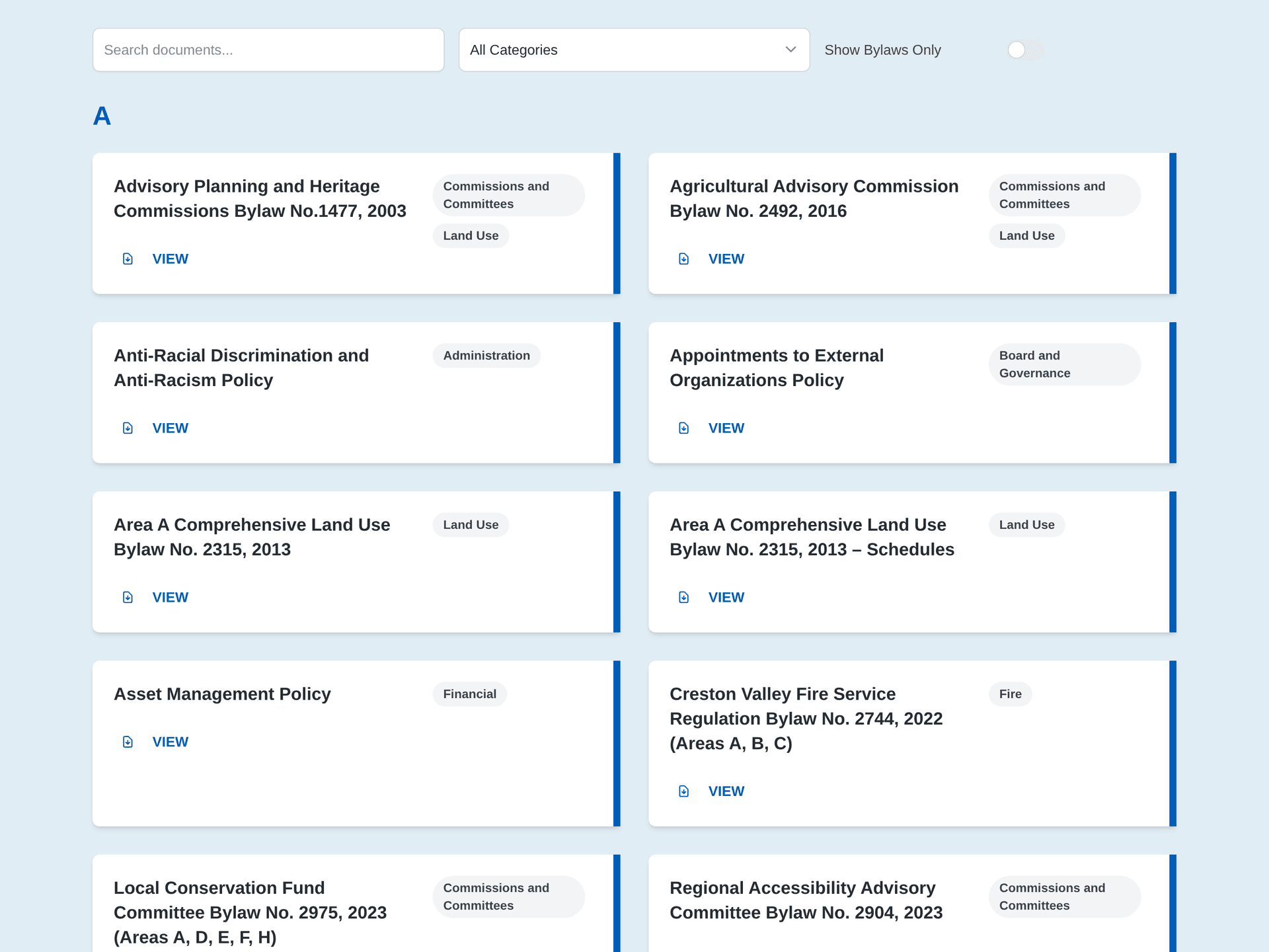 The bylaws and policies library with live keyword, category and letter filtering