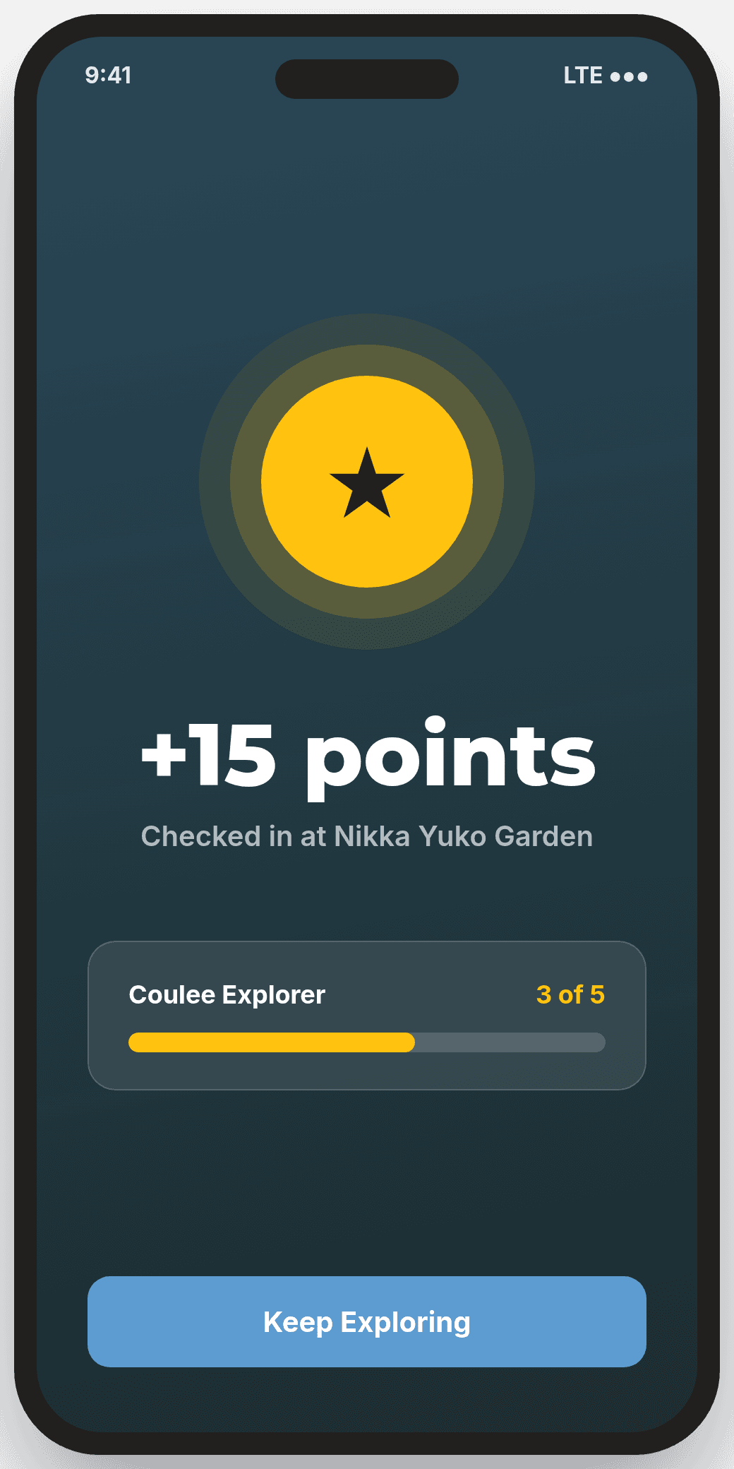 A successful check-in: points earned and package progress