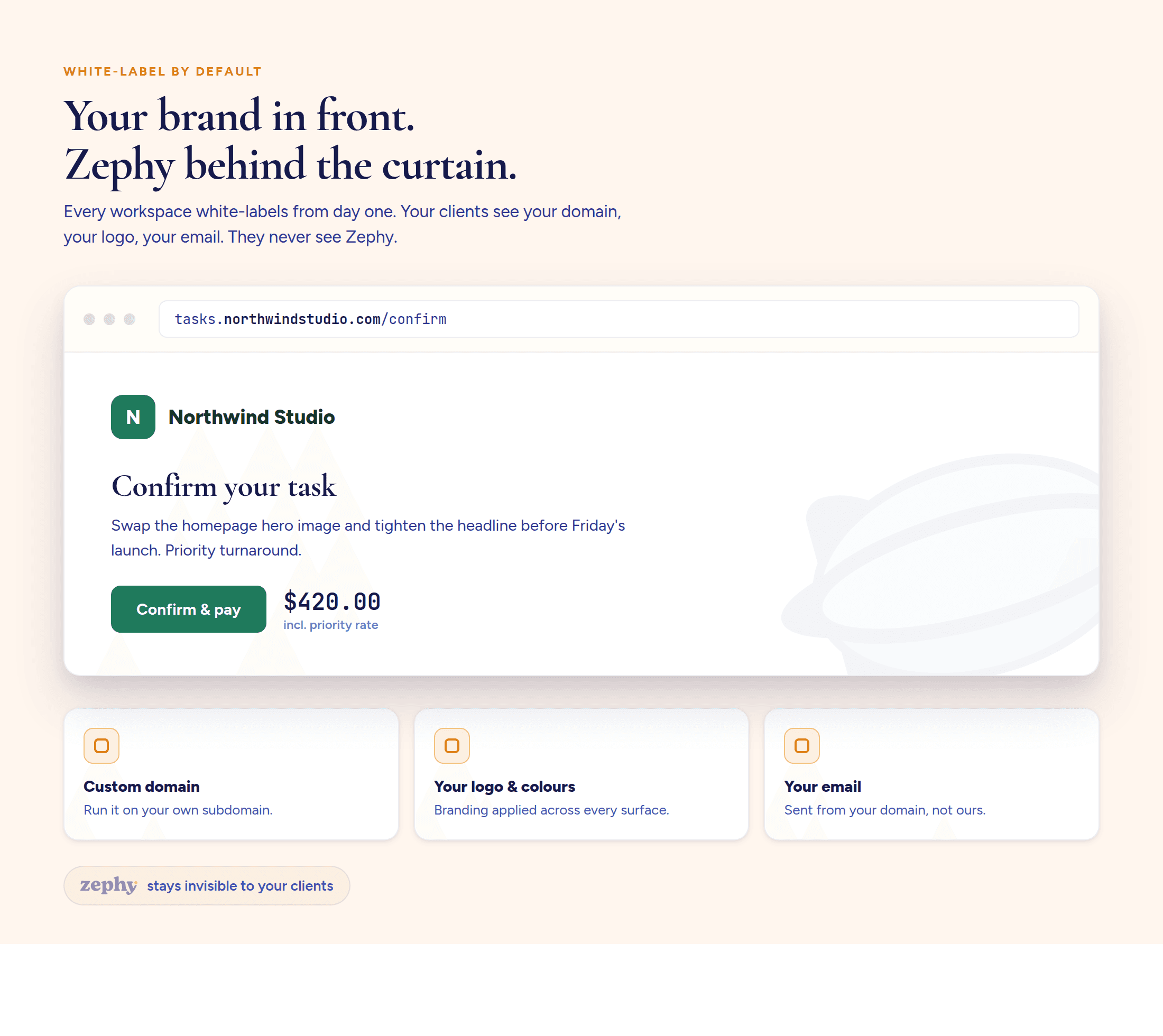 A client-facing confirm-and-pay page running on the freelancer's own brand and domain