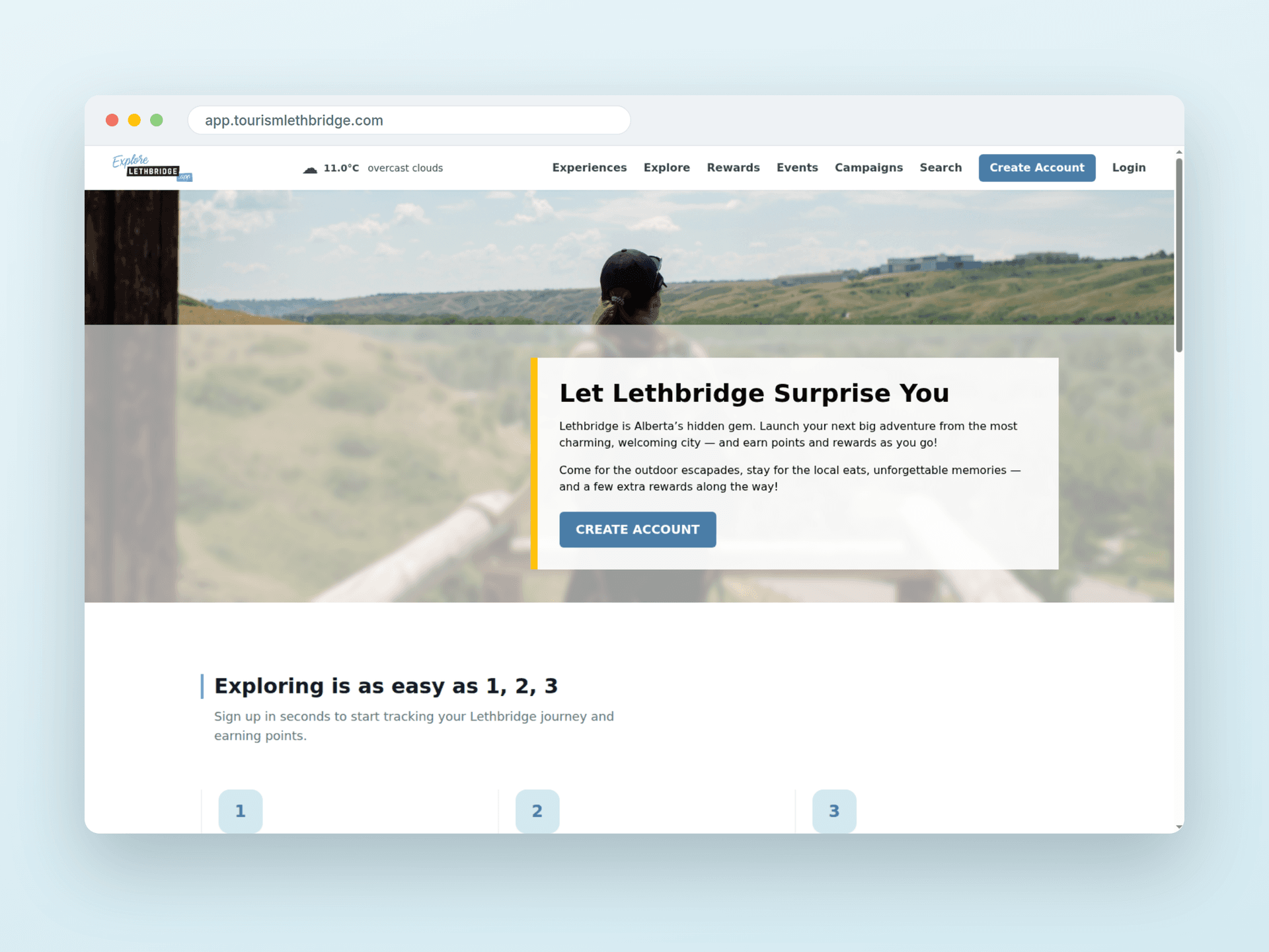 The Explore Lethbridge home page, inviting visitors to let Lethbridge surprise them