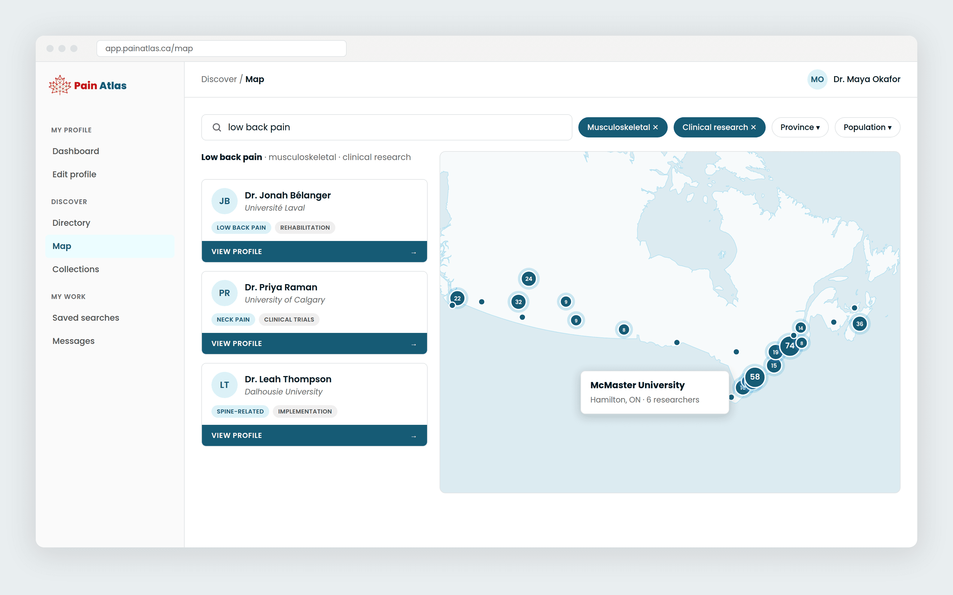 The Pain Atlas directory: filters, researcher cards, and a clustered map of Canada