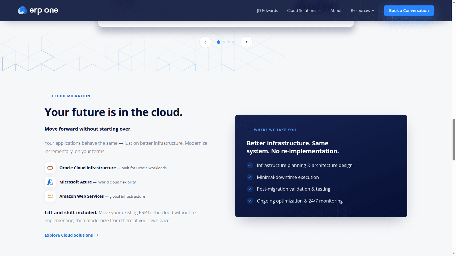 ERP-One cloud migration section on the live site