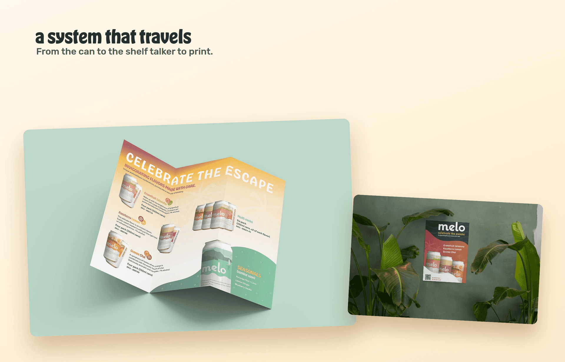 Melo printed collateral: trifold brochure and shelf poster