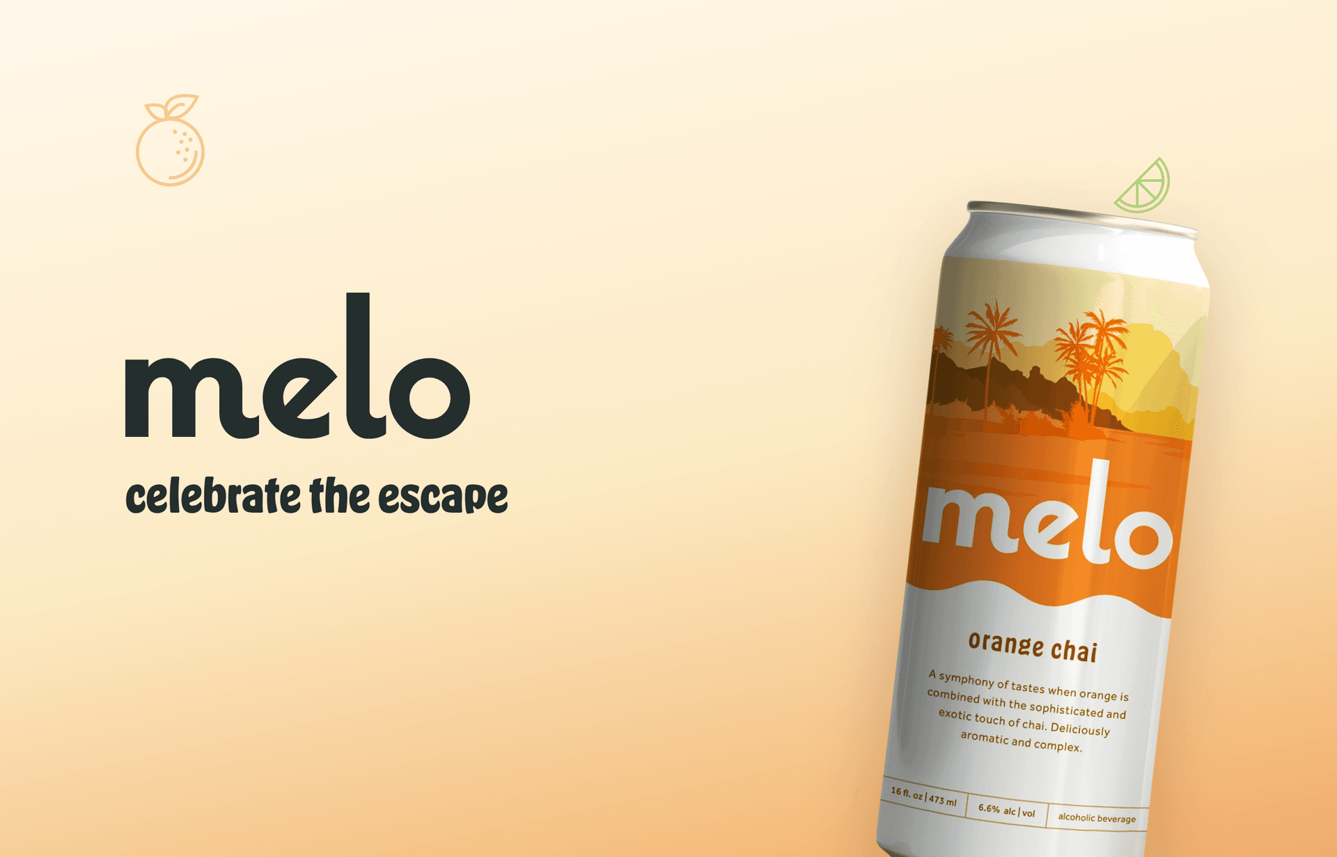 Melo wordmark and orange chai can on a warm sunset close