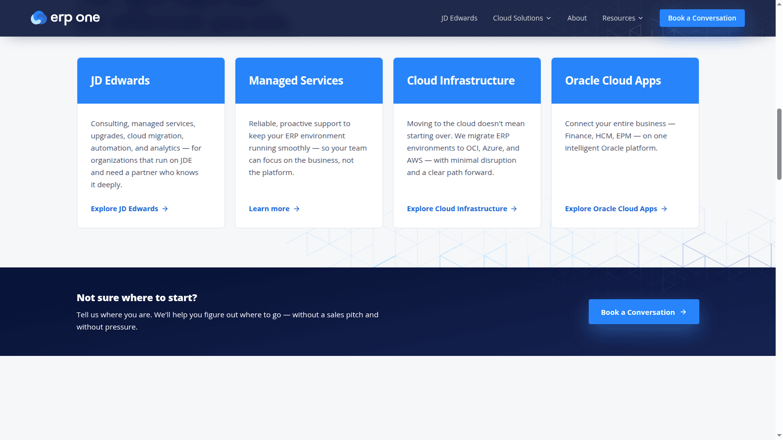 ERP-One service cards: JD Edwards, Managed Services, Cloud Infrastructure, Oracle Cloud Apps