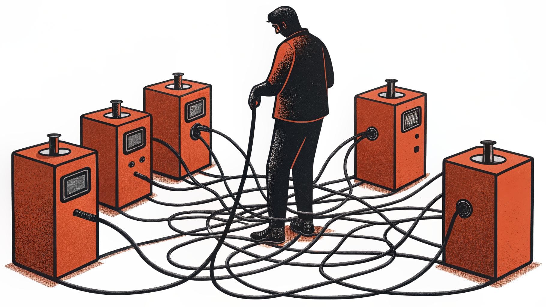 Unplugging a floor of separate machines and their tangled cables.