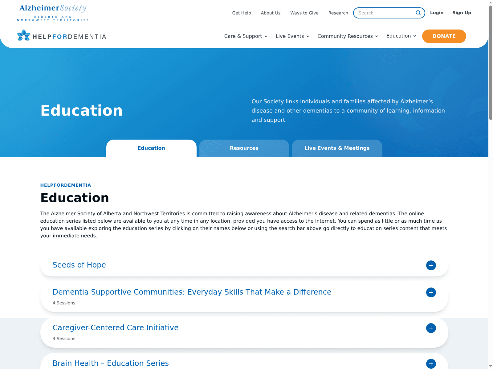 The education hub listing courses by audience and stage