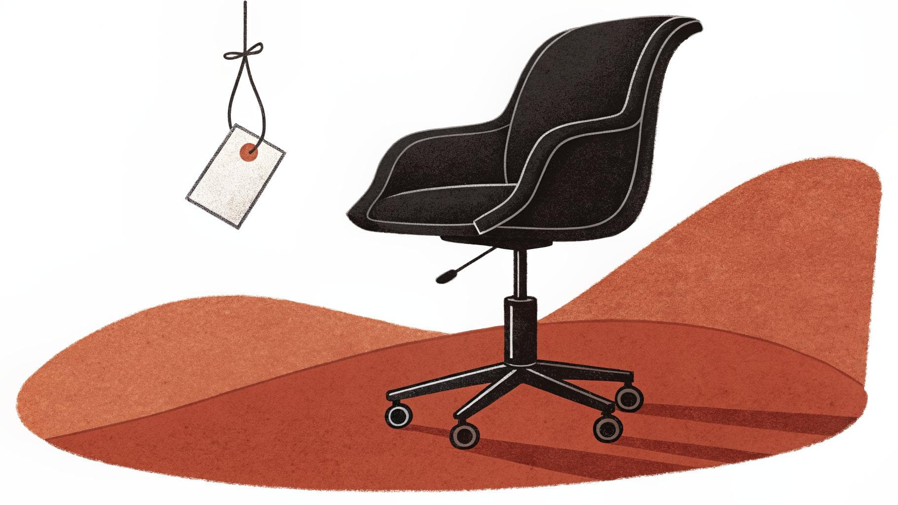 Editorial illustration of an empty designer office chair with a paper price tag hanging beside it, casting a long shadow, in ink and terracotta.