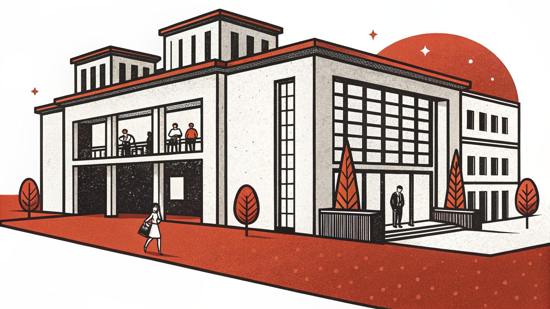 Editorial illustration of a modern building with people entering and moving through it, representing a well-structured digital presence, in ink and terracotta.