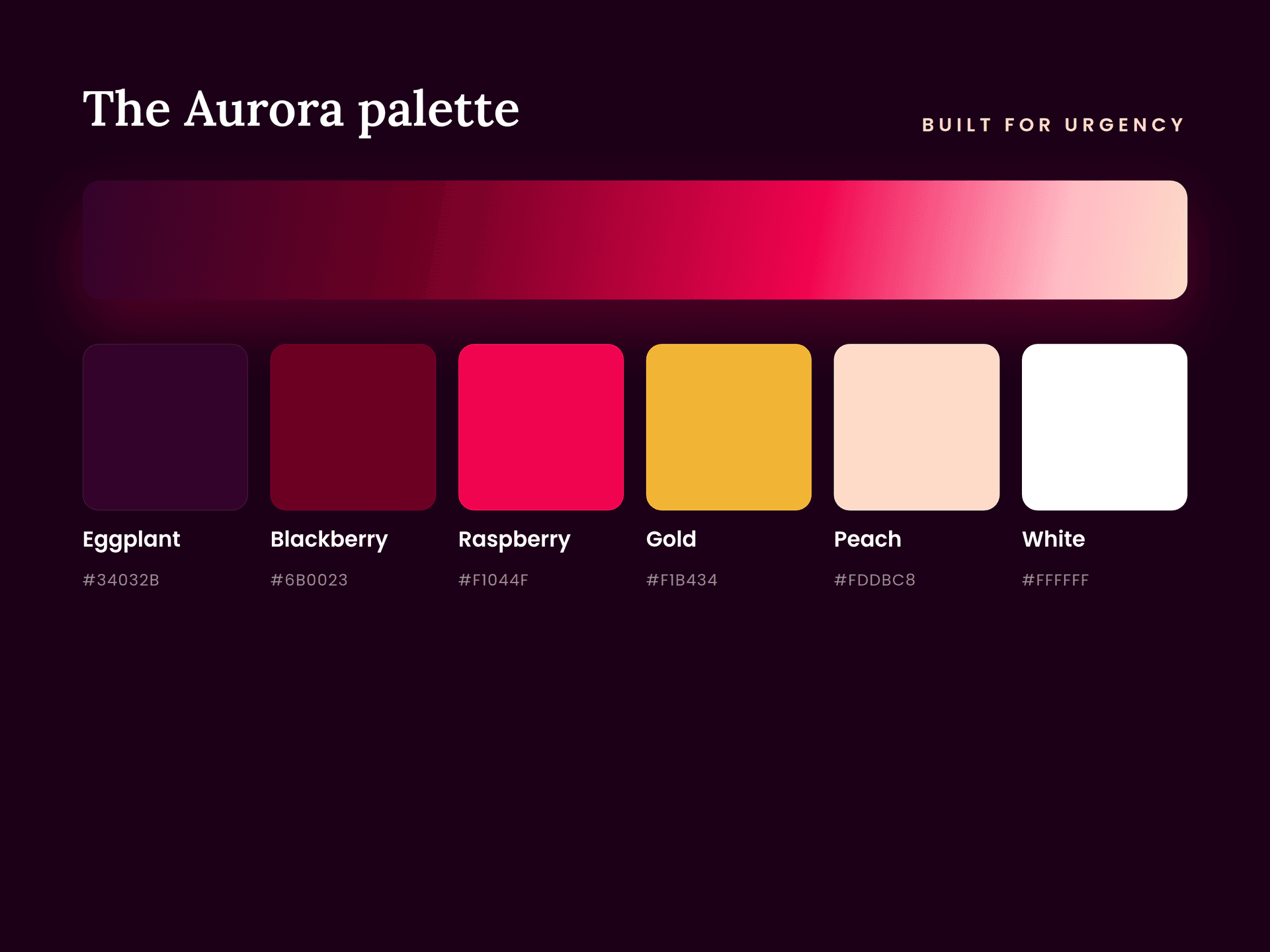 The PCNA Aurora palette: eggplant, blackberry, raspberry, gold, peach