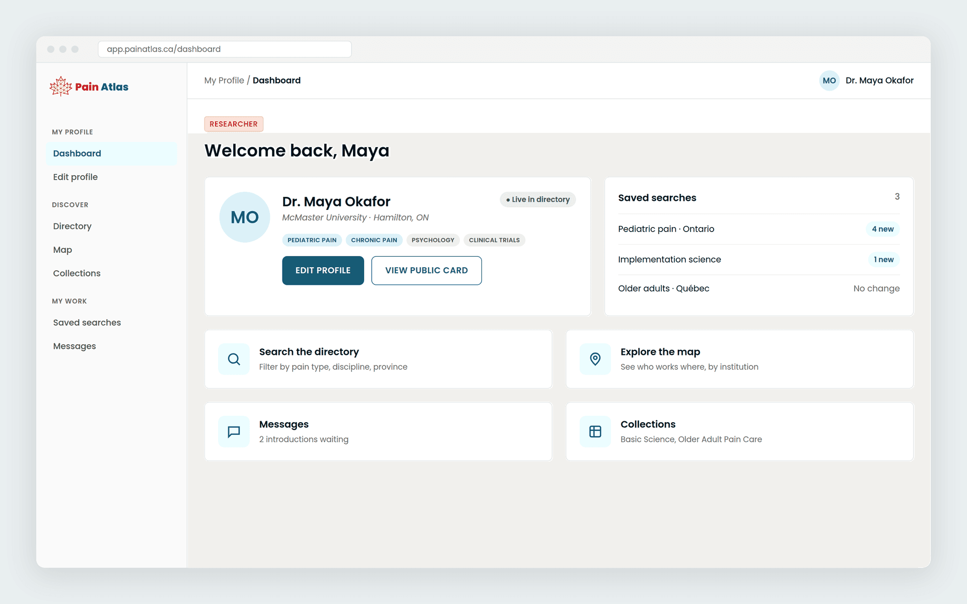 Researcher view: the Pain Atlas dashboard