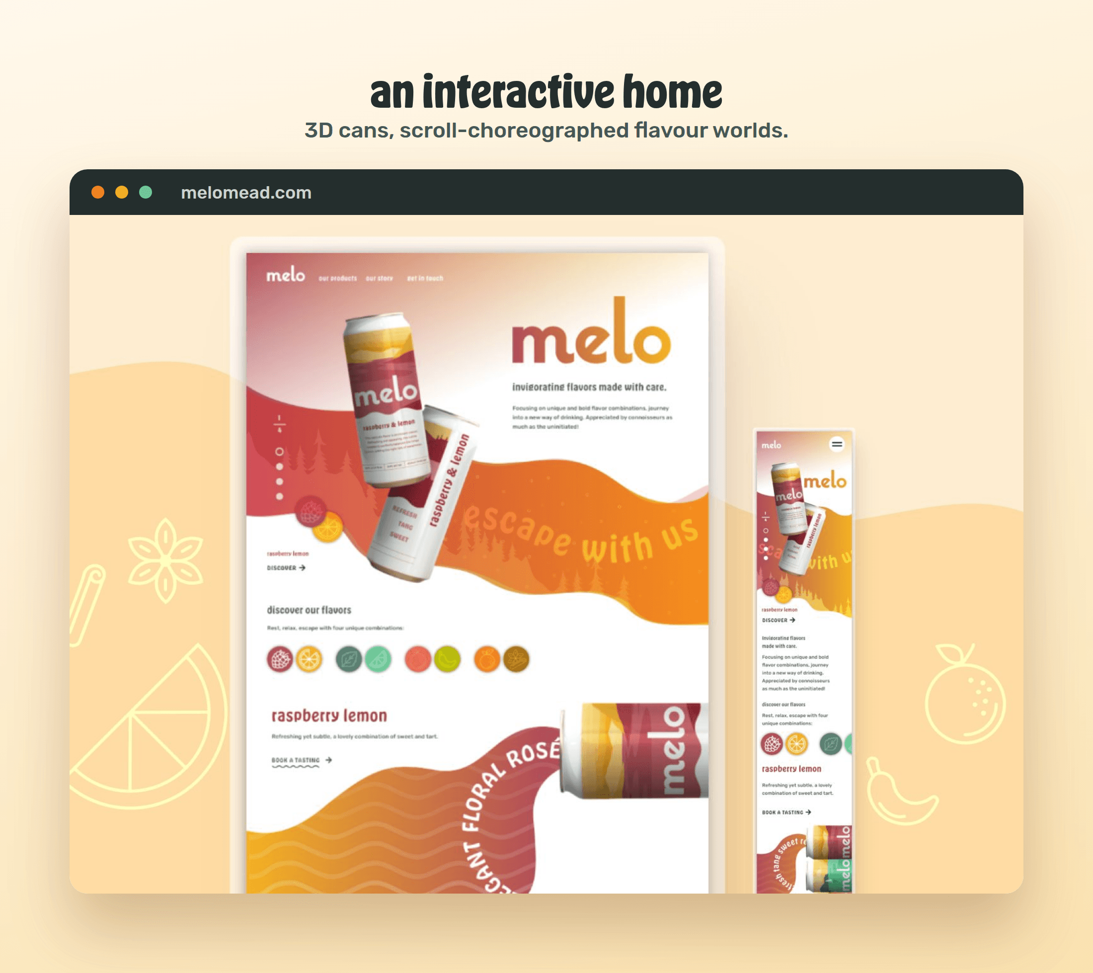 The Melo website, with 3D cans and scroll-driven flavour worlds
