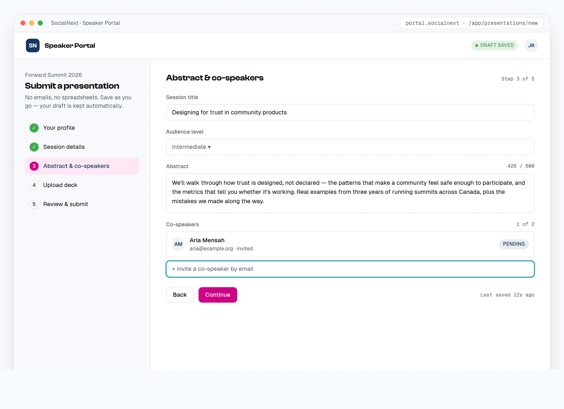 Self-serve speaker portal for submitting a presentation