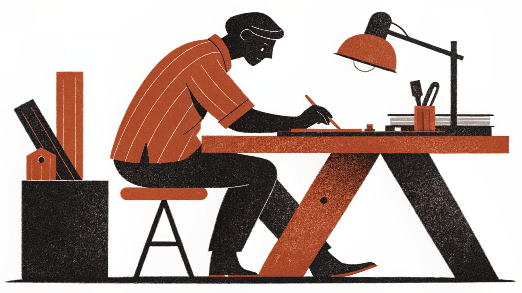 Editorial illustration of a maker at a drafting table, sketching by lamplight with tools nearby, in ink and terracotta.