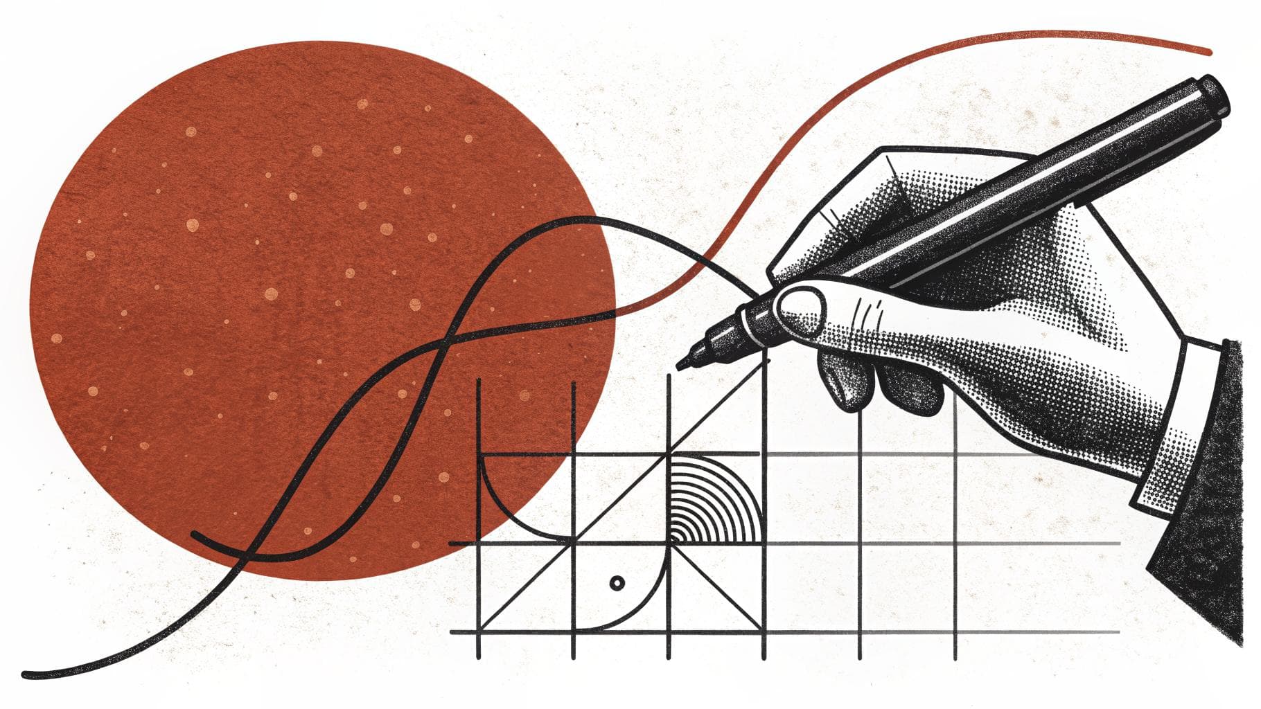 Editorial illustration of a hand drawing a line that resolves into a golden-ratio grid, representing AI meeting graphic design, in ink and terracotta.