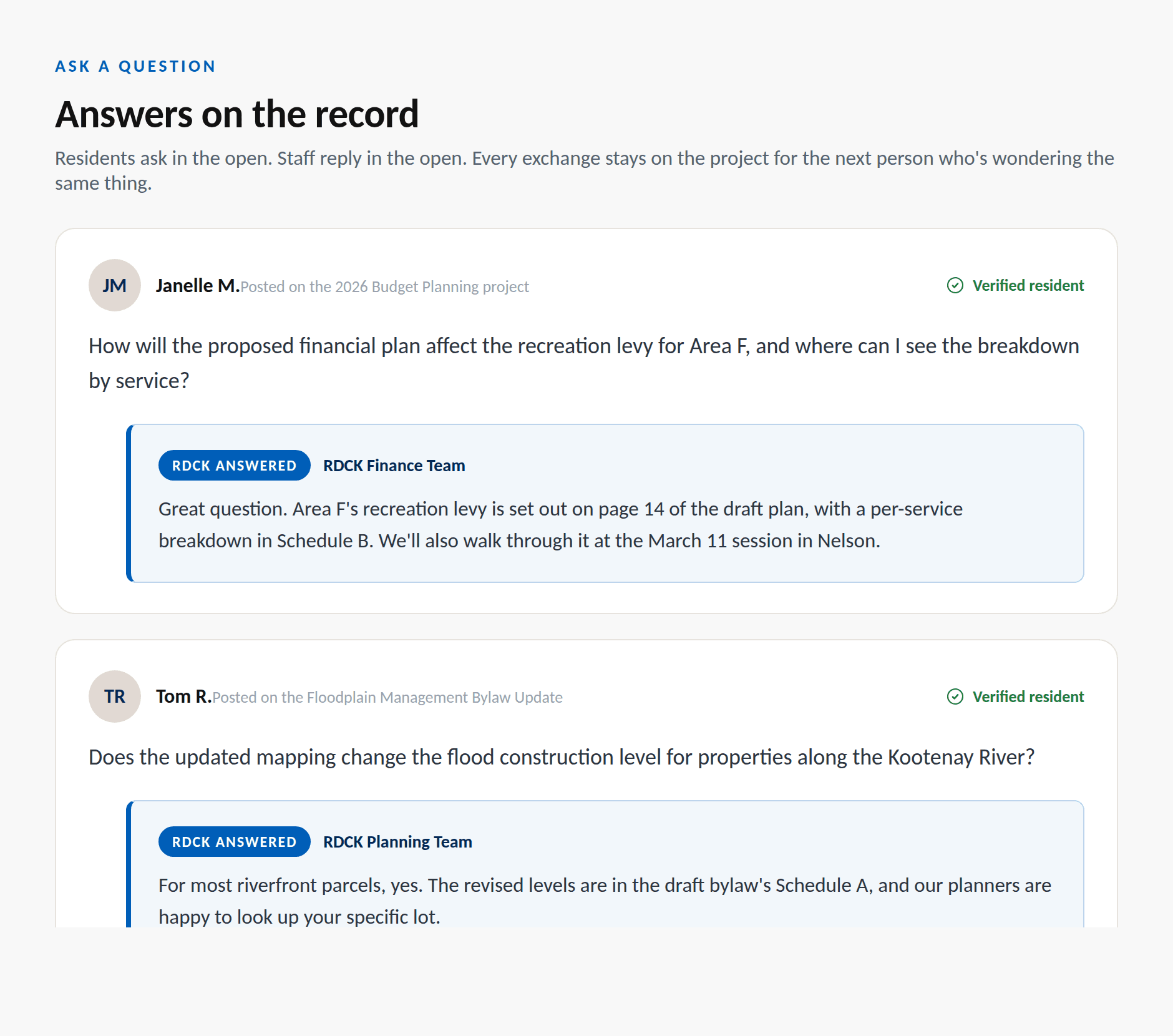 A resident's question answered on the record by the RDCK Finance team
