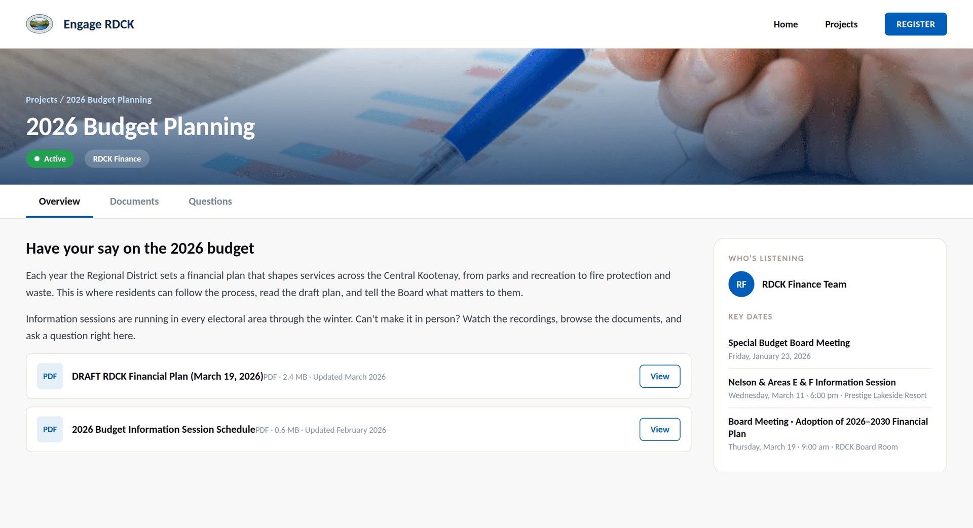 An RDCK Engage project page, with overview, documents, key dates and the team who's listening
