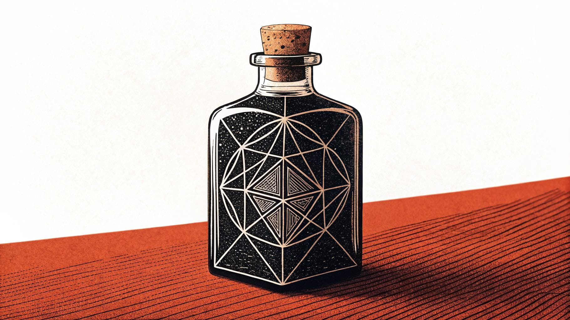 Editorial illustration of a corked snake-oil elixir bottle with a faceted geometric pattern, on a terracotta ground.