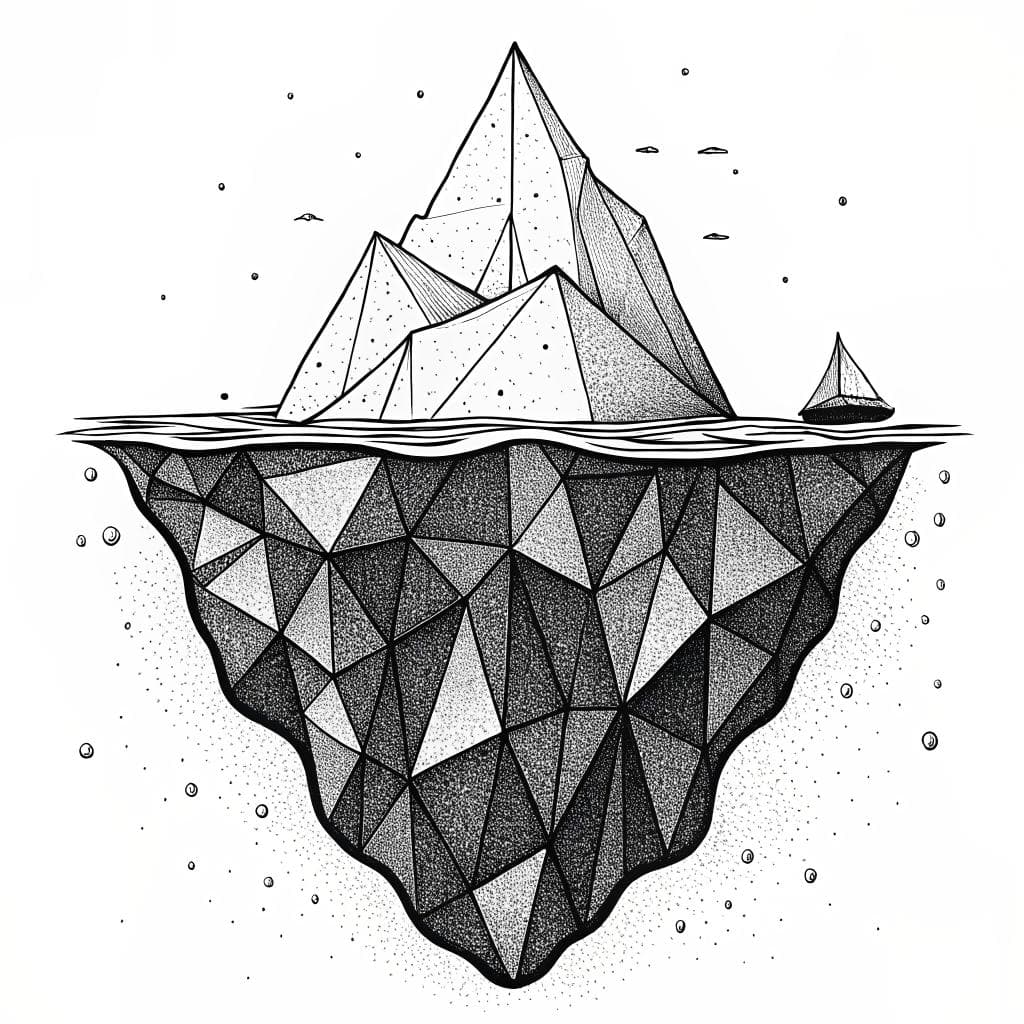 An iceberg with a small peak above the waterline and a large mass below