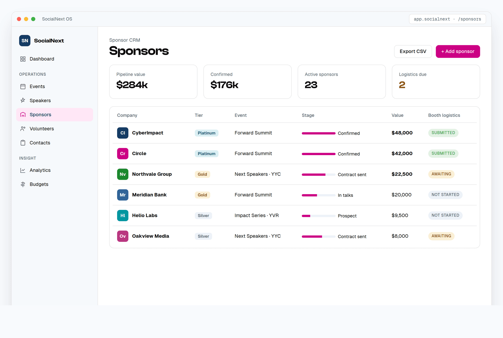 Sponsor CRM with pipeline, tiers and booth logistics