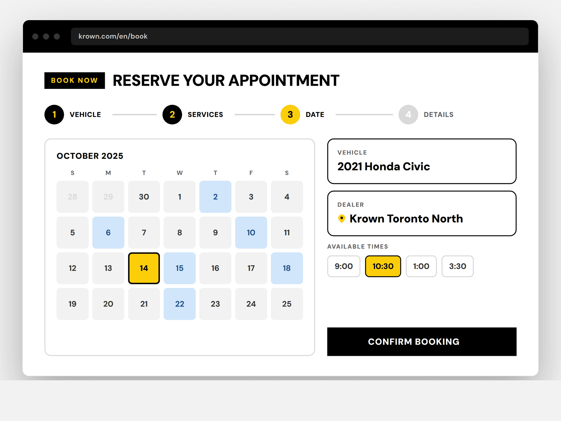 The multi-step booking flow with live availability