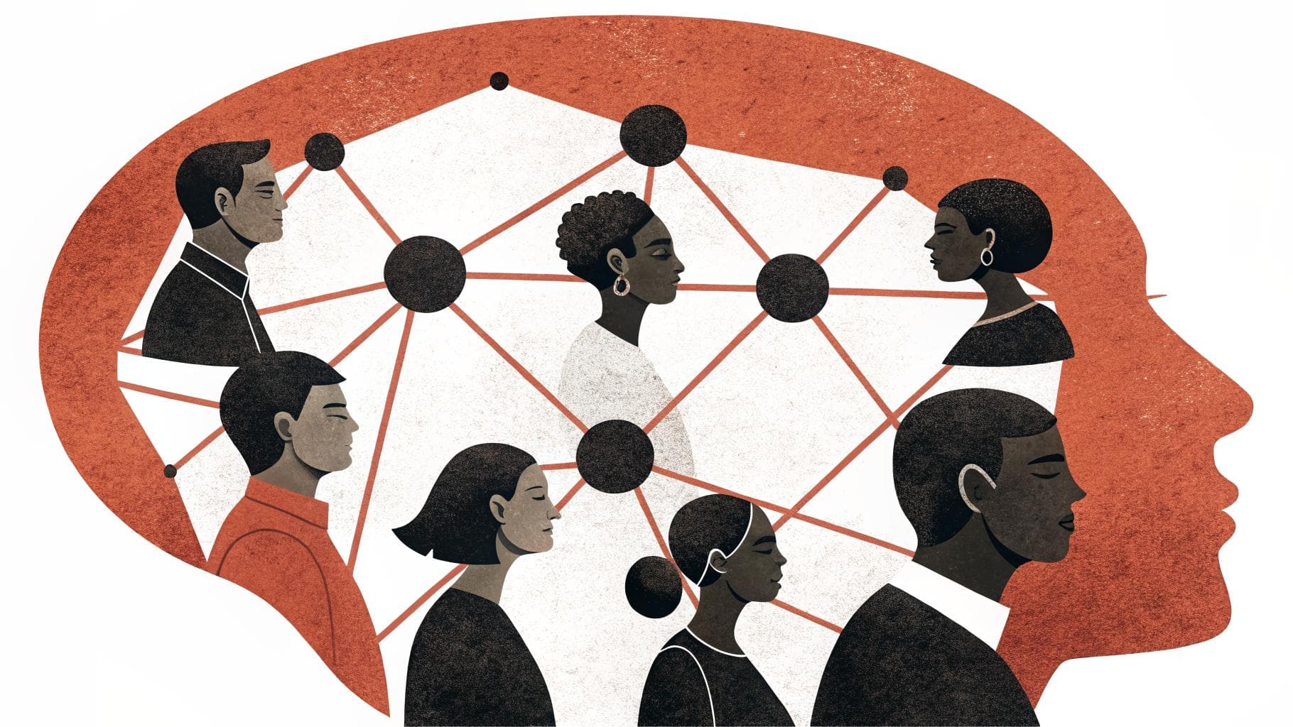 Editorial illustration of a human head profile filled with a diverse network of connected people, representing diversity and ethics shaping machine learning, in ink and terracotta.