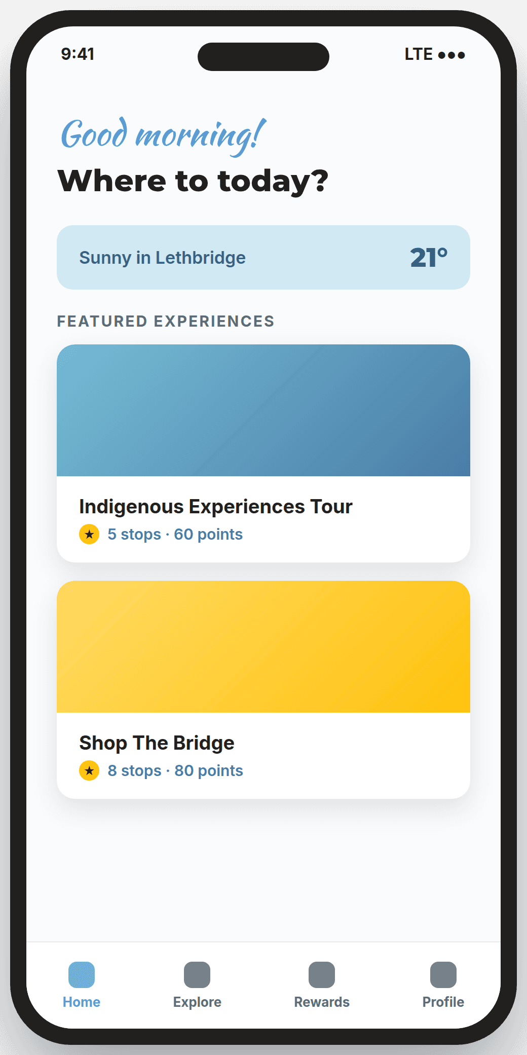 The Explore Lethbridge home feed with featured experiences