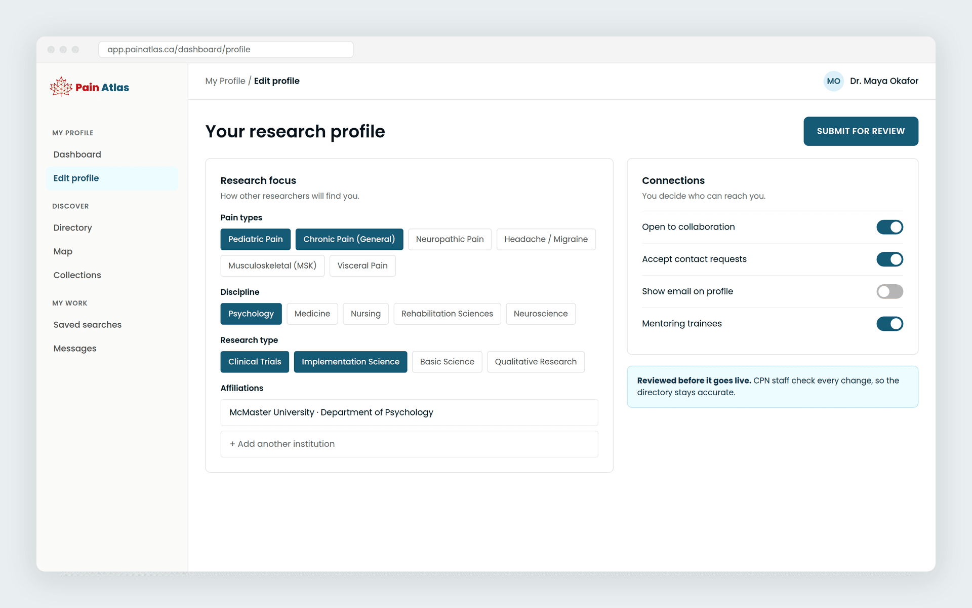 Researcher view: editing a research profile and contact settings
