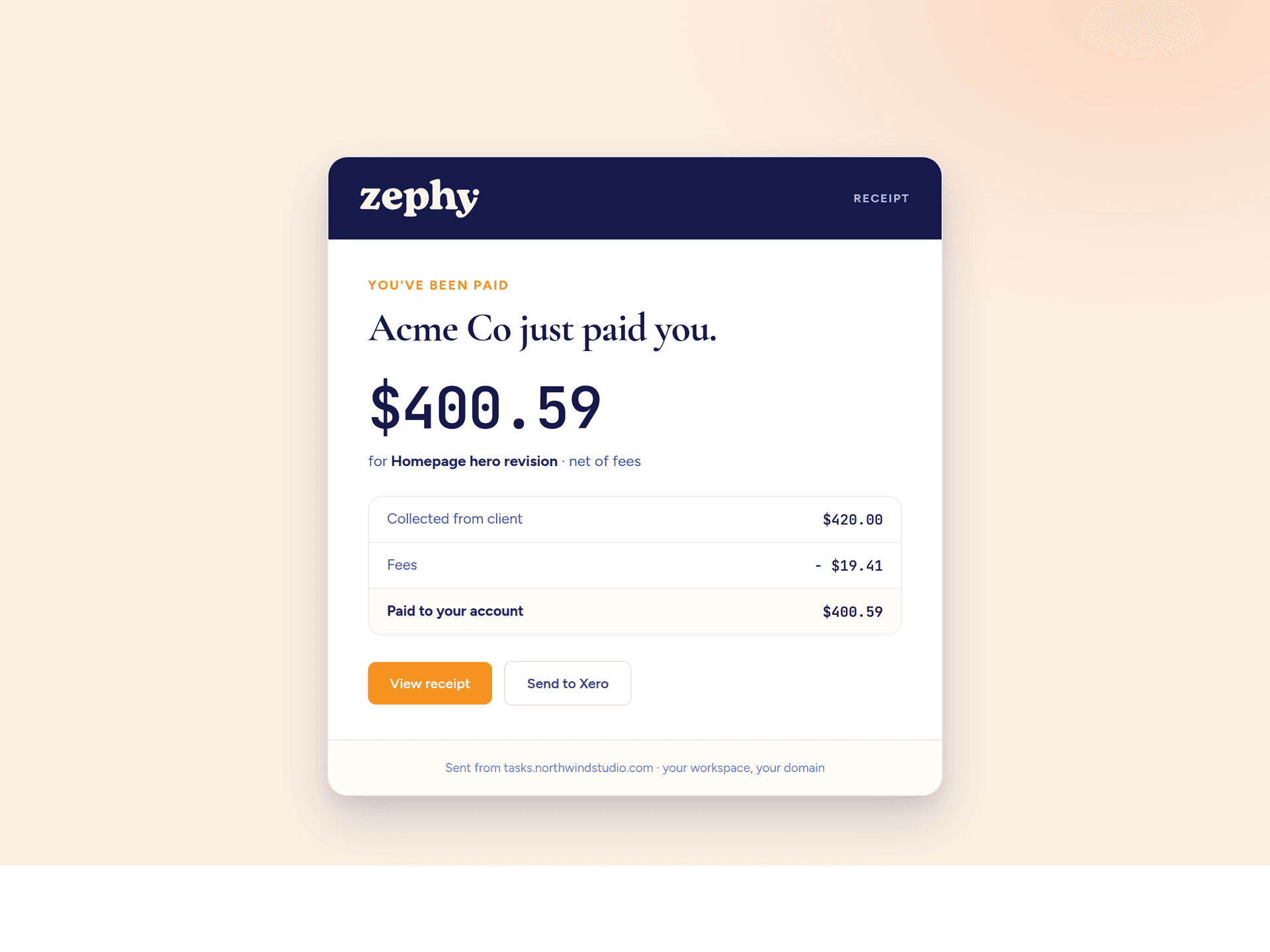 A branded receipt email sent from the freelancer's own domain