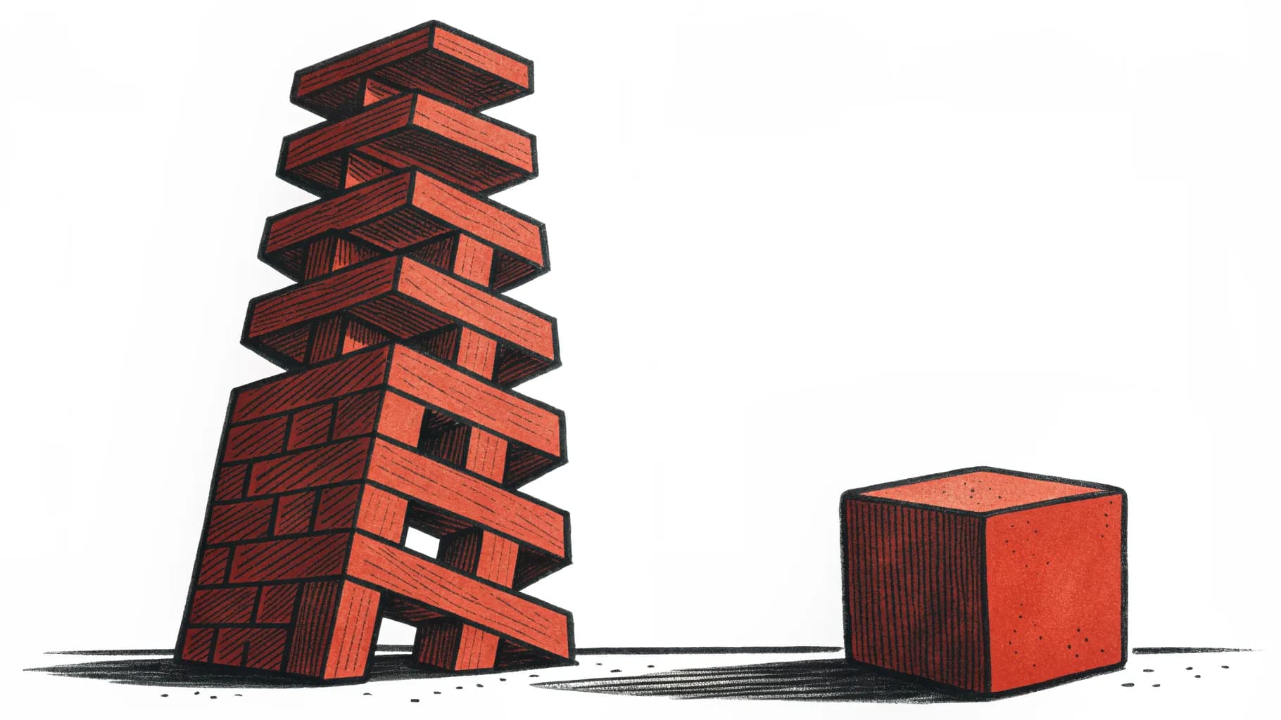 A tall, leaning tower of red blocks beside a single solid block.