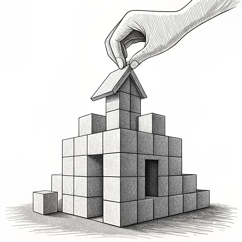 A structure of stacked blocks with one block held above it