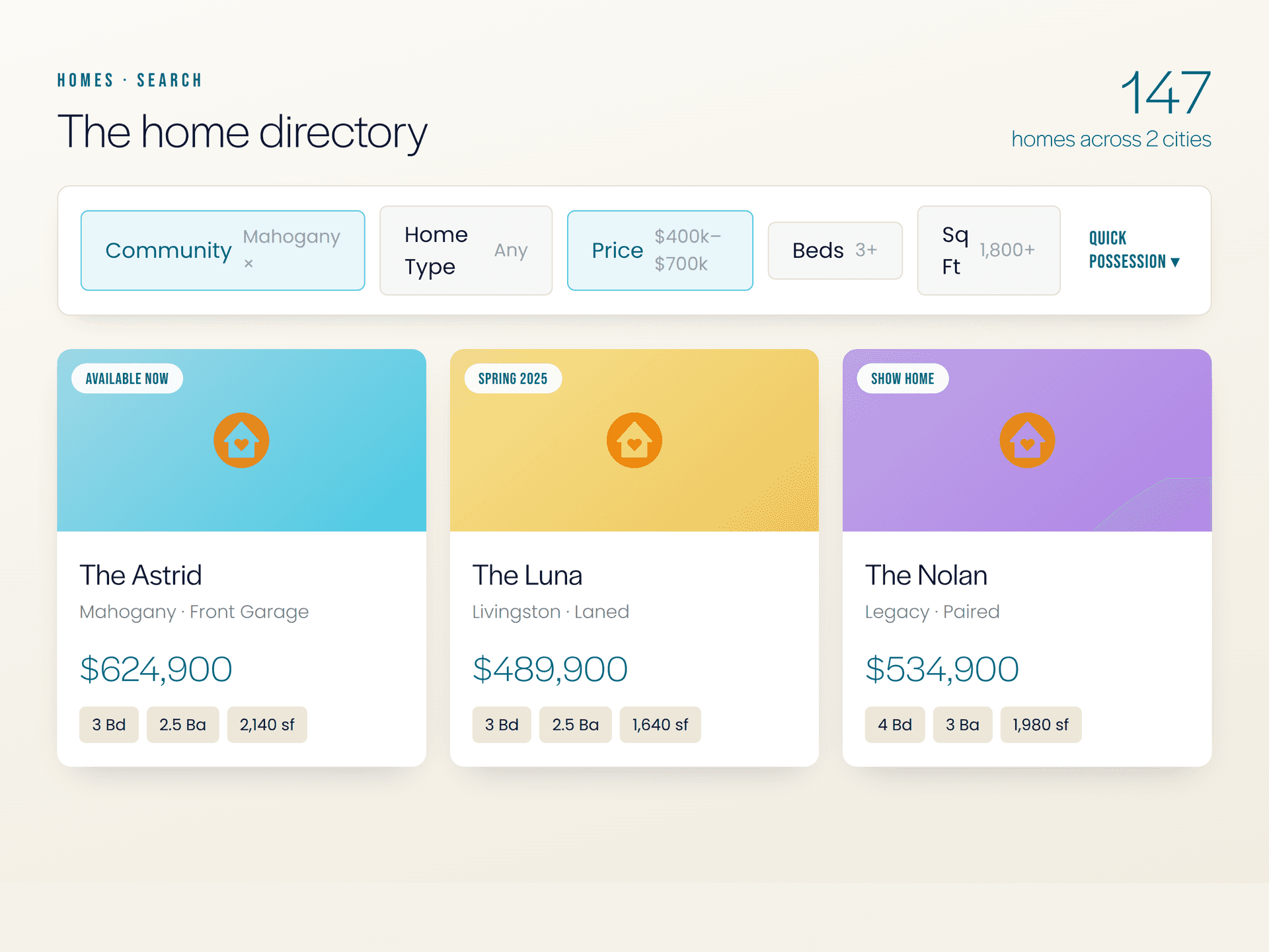 The home directory with live filtering across communities, price, and availability