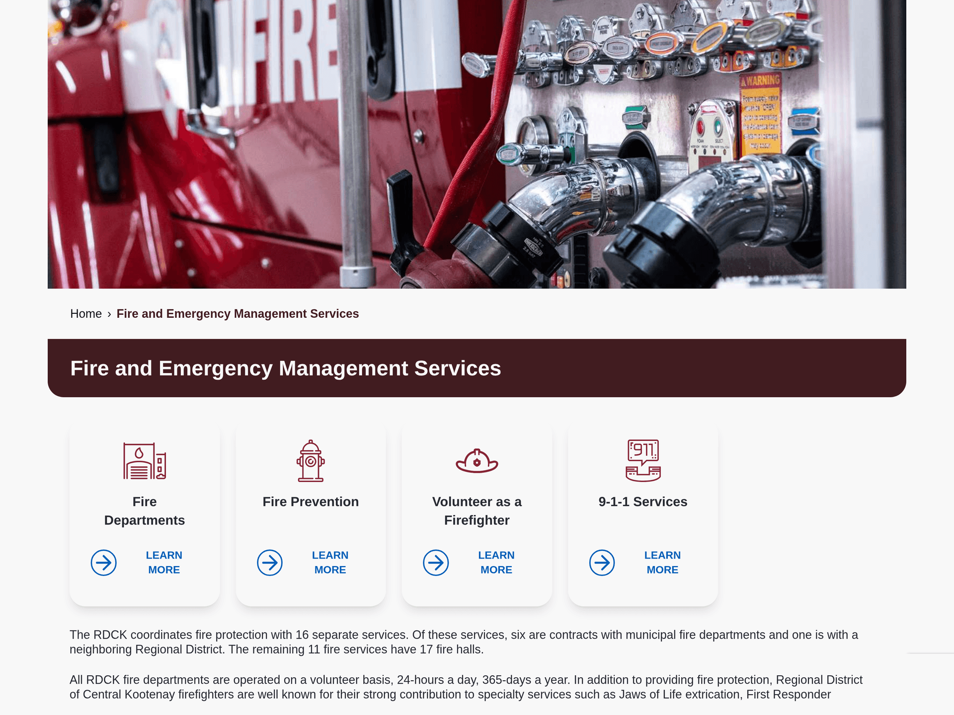 The Fire and Emergency Management department page in its own colour