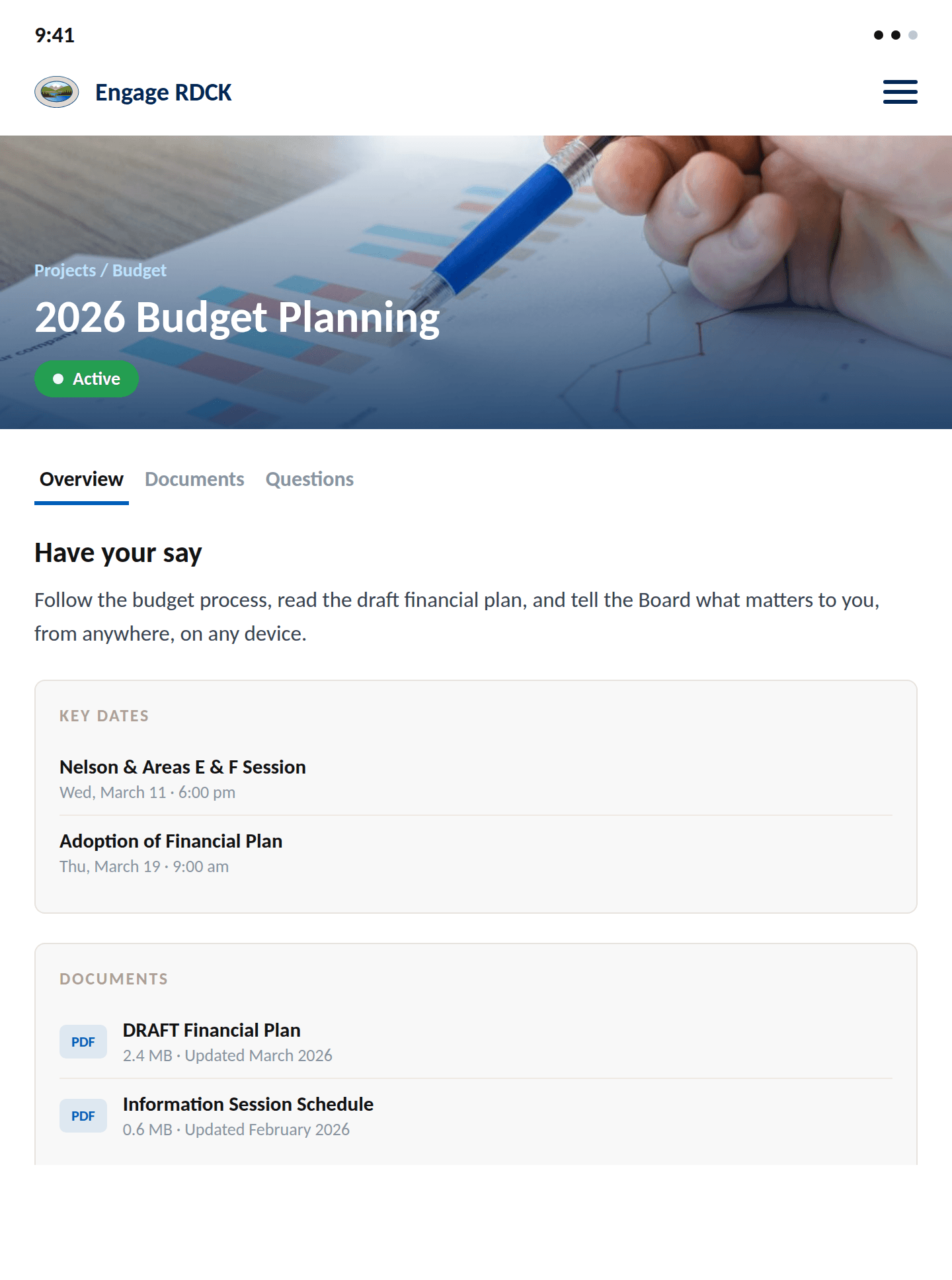 An RDCK Engage project page on a phone