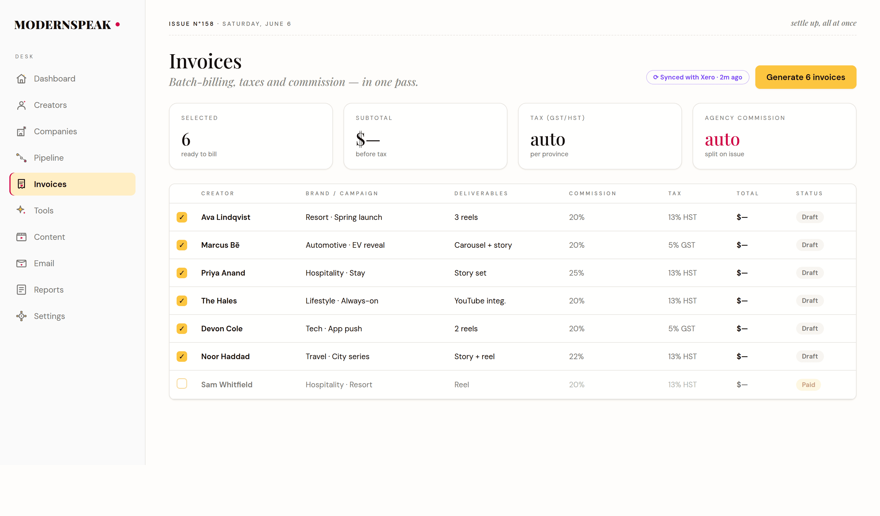 Batch invoicing with automatic tax and commission, synced to Xero